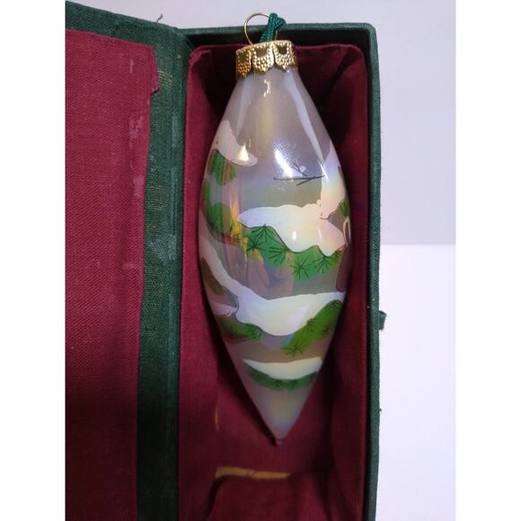 Teardrop Christmas Tree Glass Ornament Snowy Tree Branches Surreal Reverse Paint - Picture 2 of 6